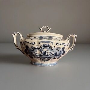 Vintage Hand Painted Delft Blue Large Covered Sugar Bowl, Signed